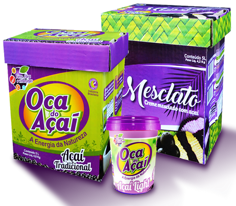 Foto de duas caixas e um pote pequeno de açaí